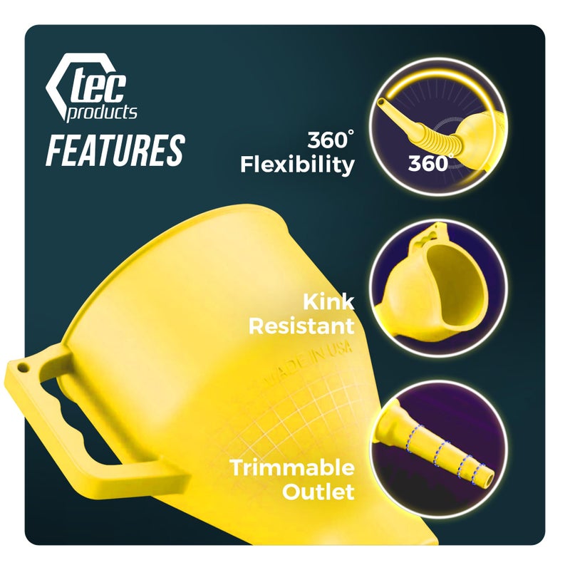 TEC Products FlexAll Long Flexible Funnel for Automotive Use - Durable Nitrile Rubber - Ideal for Car Oil Change  Transmission Funnel Fluid  Diesel  Fuel  Gas - Made in USA - Yellow (16 x 5 Inches) - Image 5